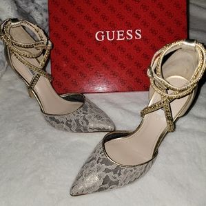 GUESS Heels | Adabellely white lace and gold pointed toe heels.